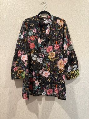 Johnny Was Black Floral Silk Tunic with Pink, Yellow & Green Accents